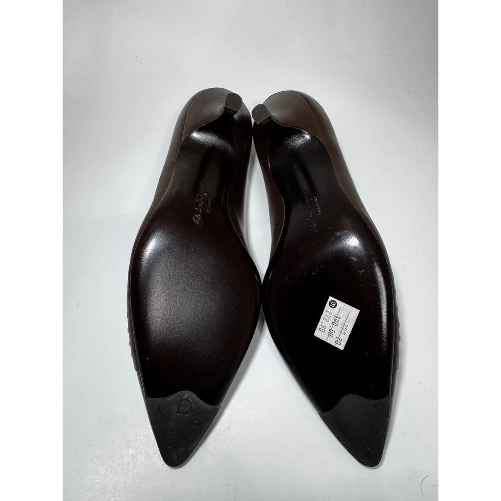 Salvatore Ferragamo Women Dark Brown Leather Pointed Toe Kitten Heels Size 8.5 B